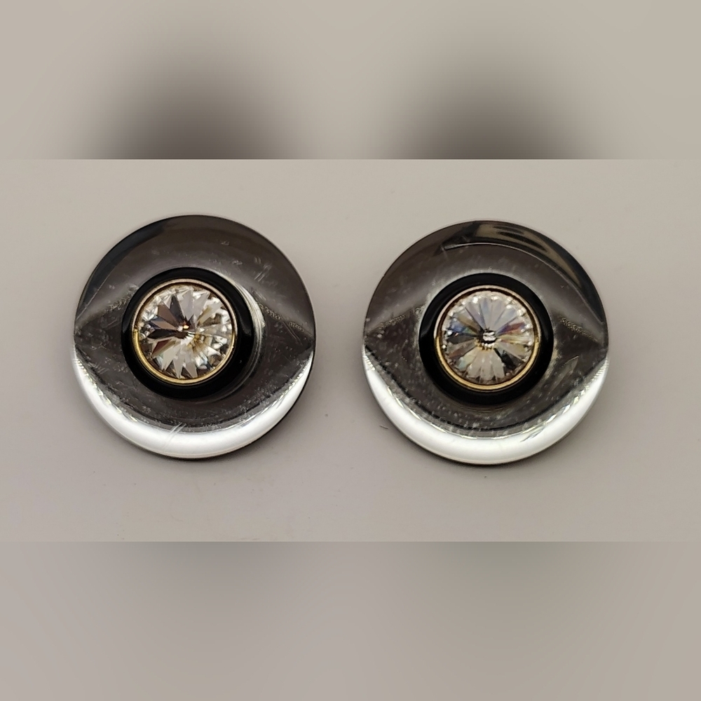 Free w/ Purchase Vintage Clip On Silver Mirrored & Black Round Clip On Earrings